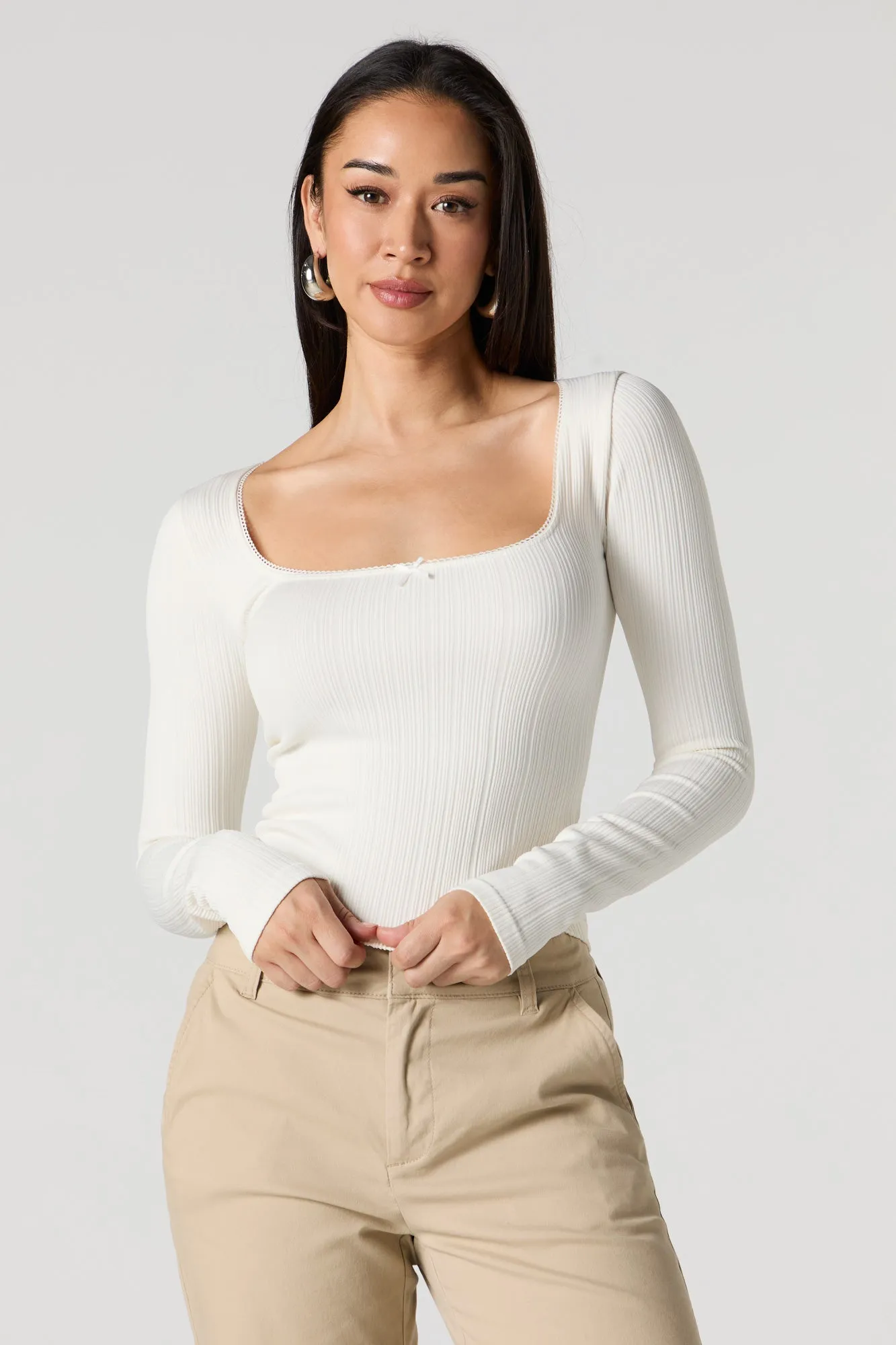Ribbed Knit Square Neck Lace Trim Long Sleeve Top sold by Urban Planet product image thumbnail 4