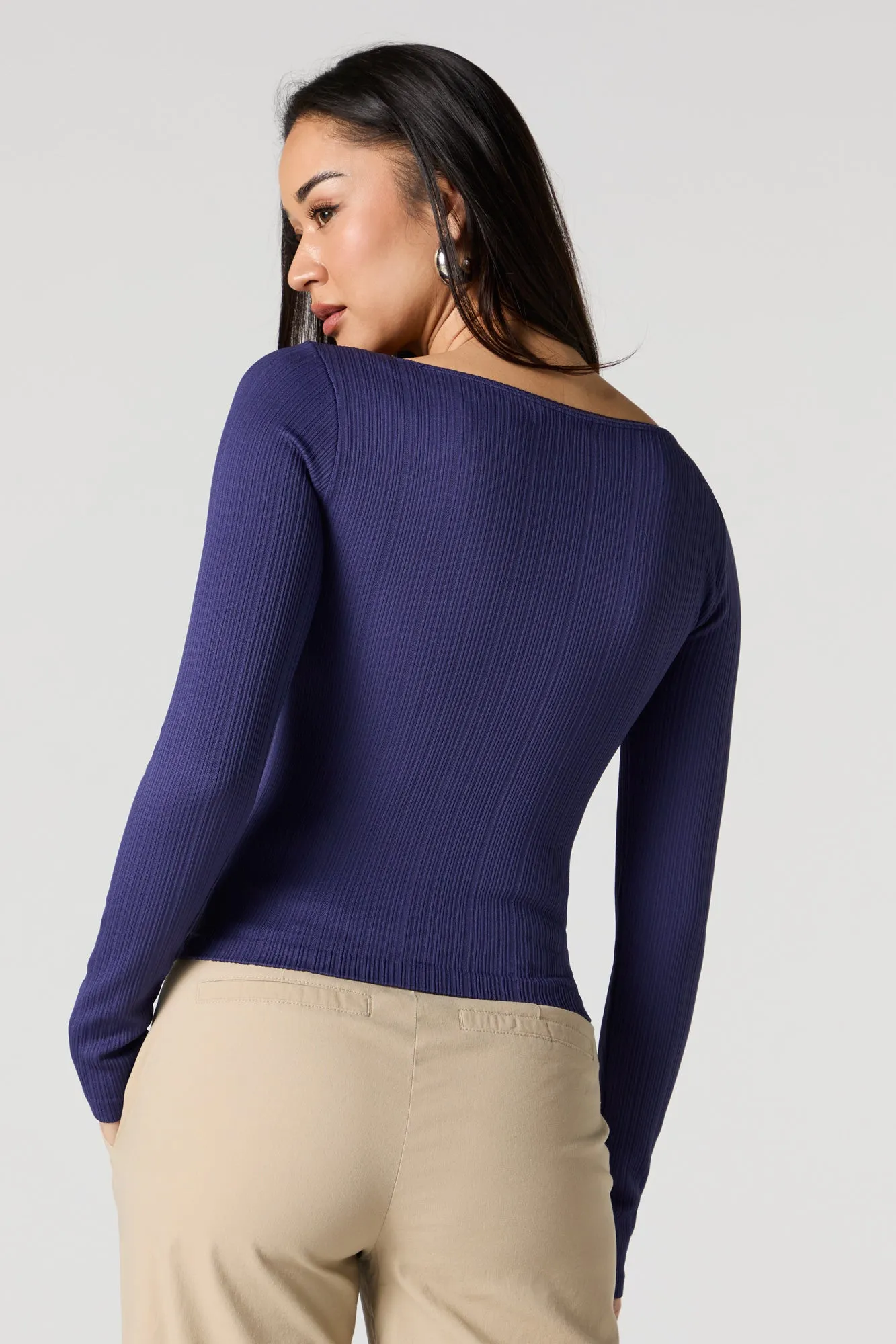 Ribbed Knit Square Neck Lace Trim Long Sleeve Top sold by Urban Planet product image thumbnail 2