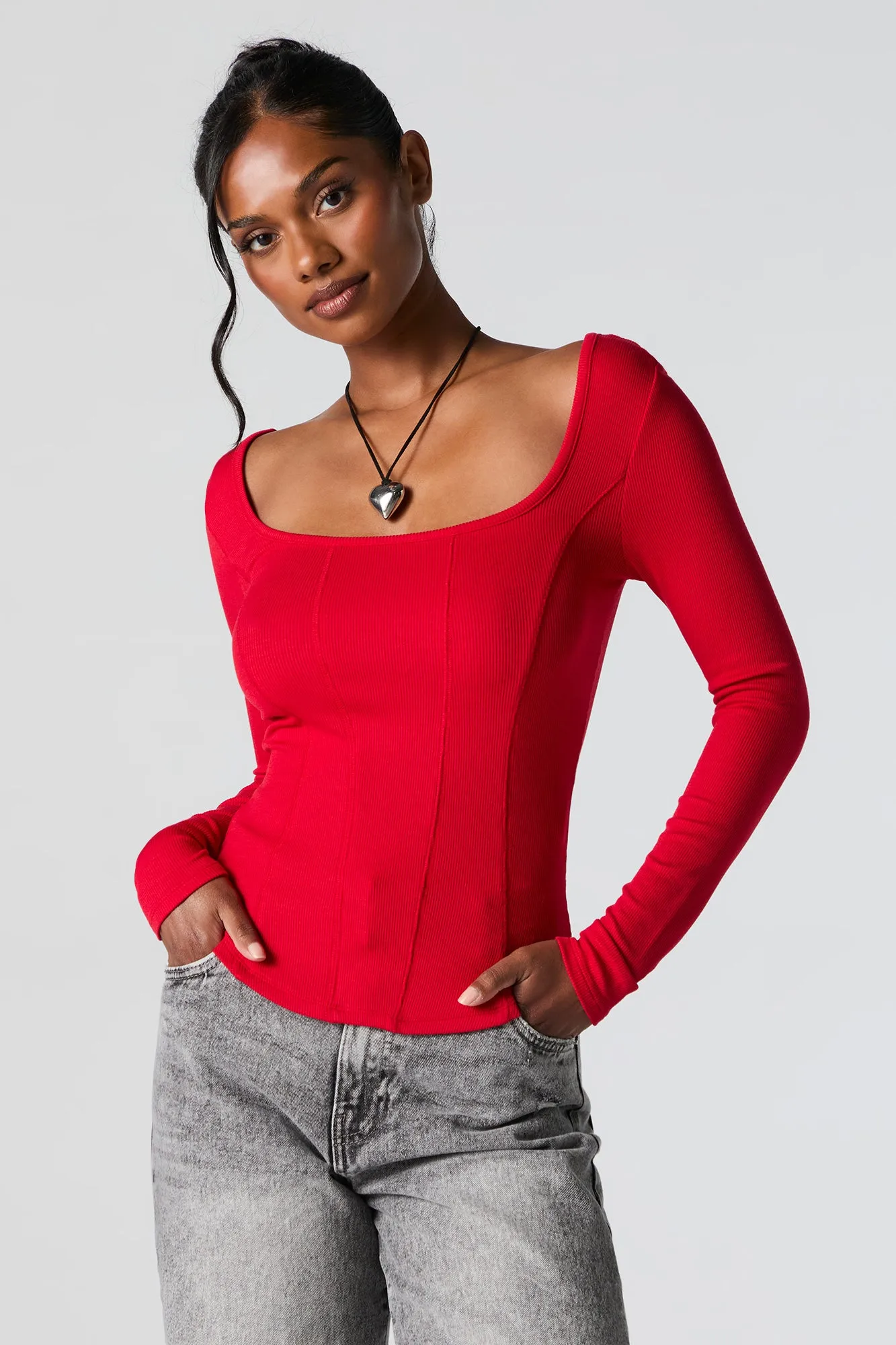 Ribbed Scoop Neck Corset Style Long Sleeve Top sold by Urban Planet