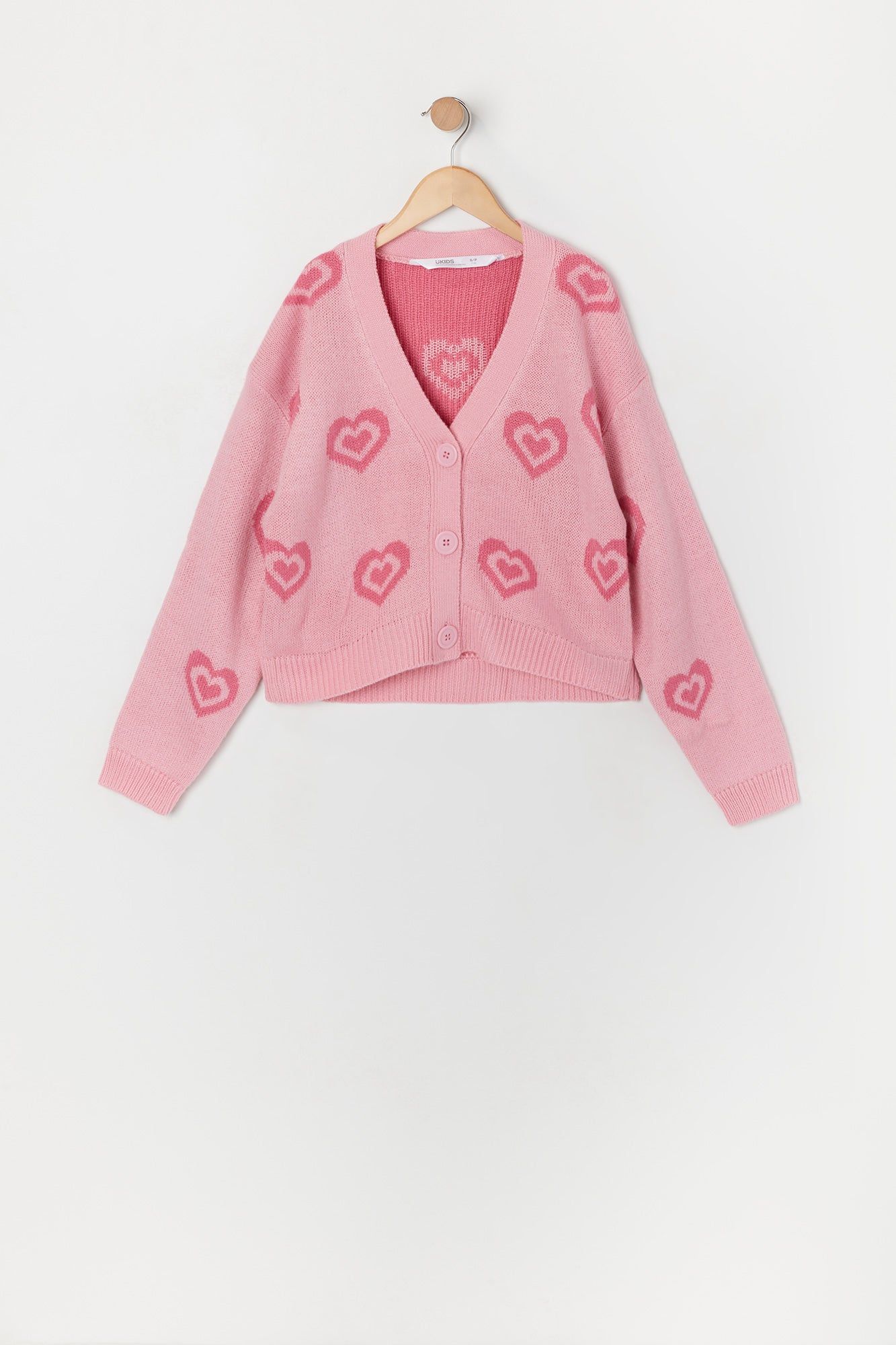 Girls Pink Heart Jacquard Knit Cardigan sold by Urban Planet