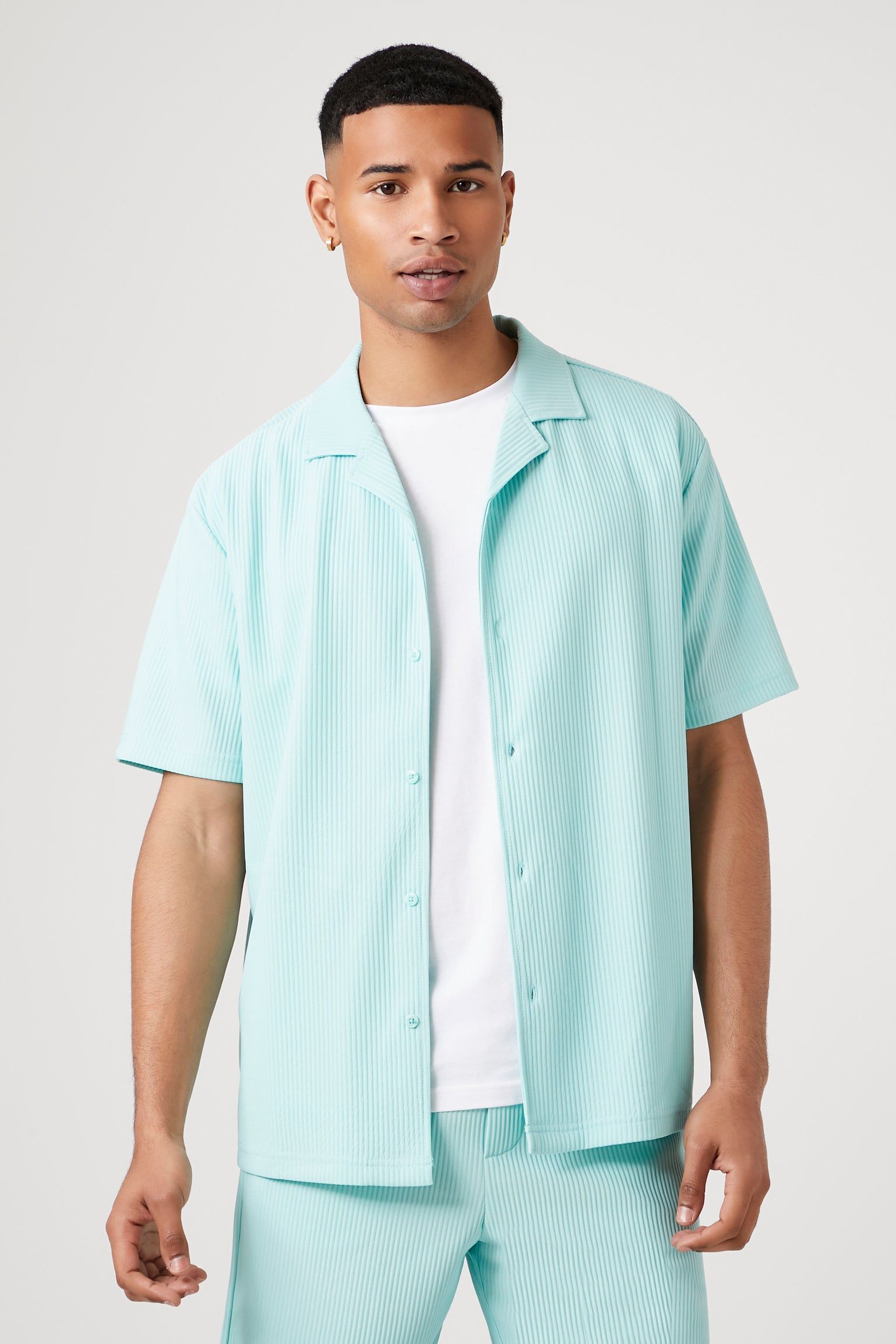 Ribbed Short Sleeve Button-Up Top sold by Urban Planet