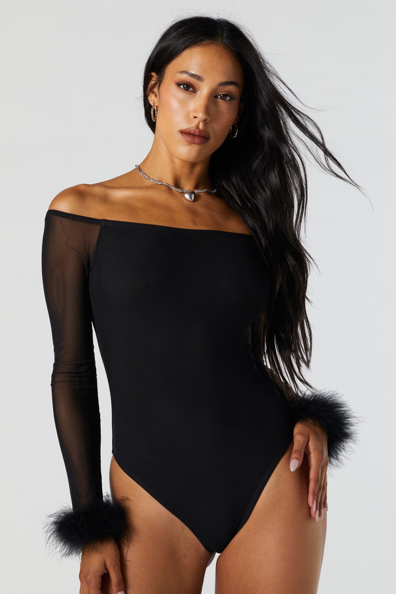 Feather Trim Mesh Long Sleeve Bodysuit sold by Urban Planet product image thumbnail 3