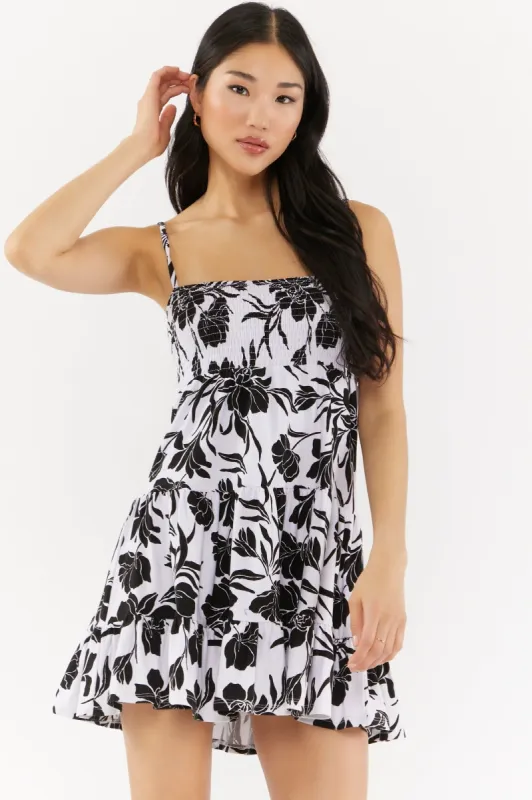White and Black Floral Print Tiered Mini Dress sold by Urban Planet