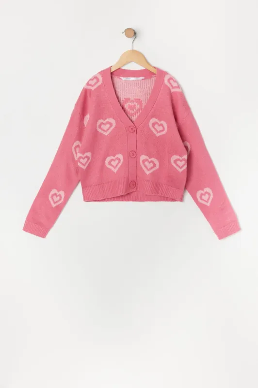 Girls Pink Heart Print Knit Button-Up Cardigan sold by Urban Planet