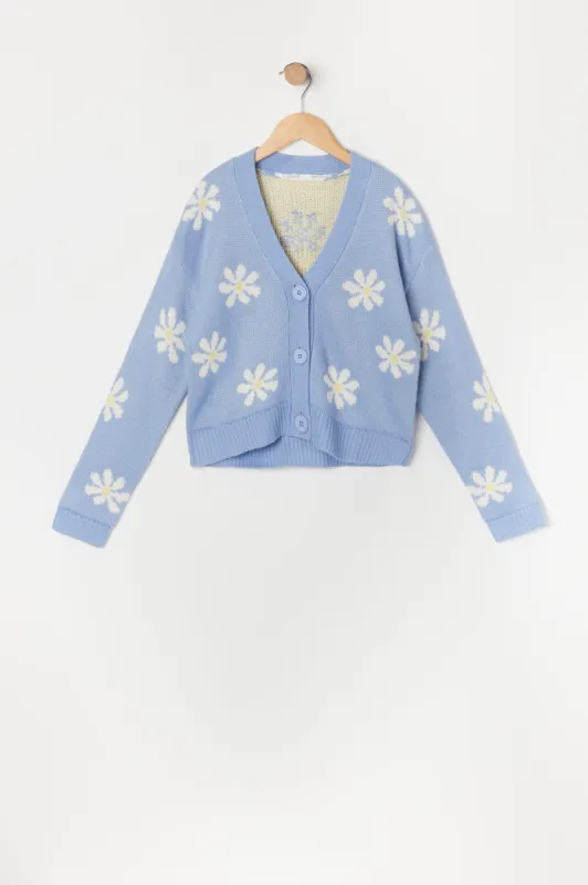 Girls Daisy Print Knit Button-Up Cardigan sold by Urban Planet