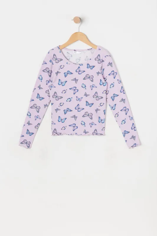Girls Butterfly Print Lettuce Hem Top sold by Urban Planet