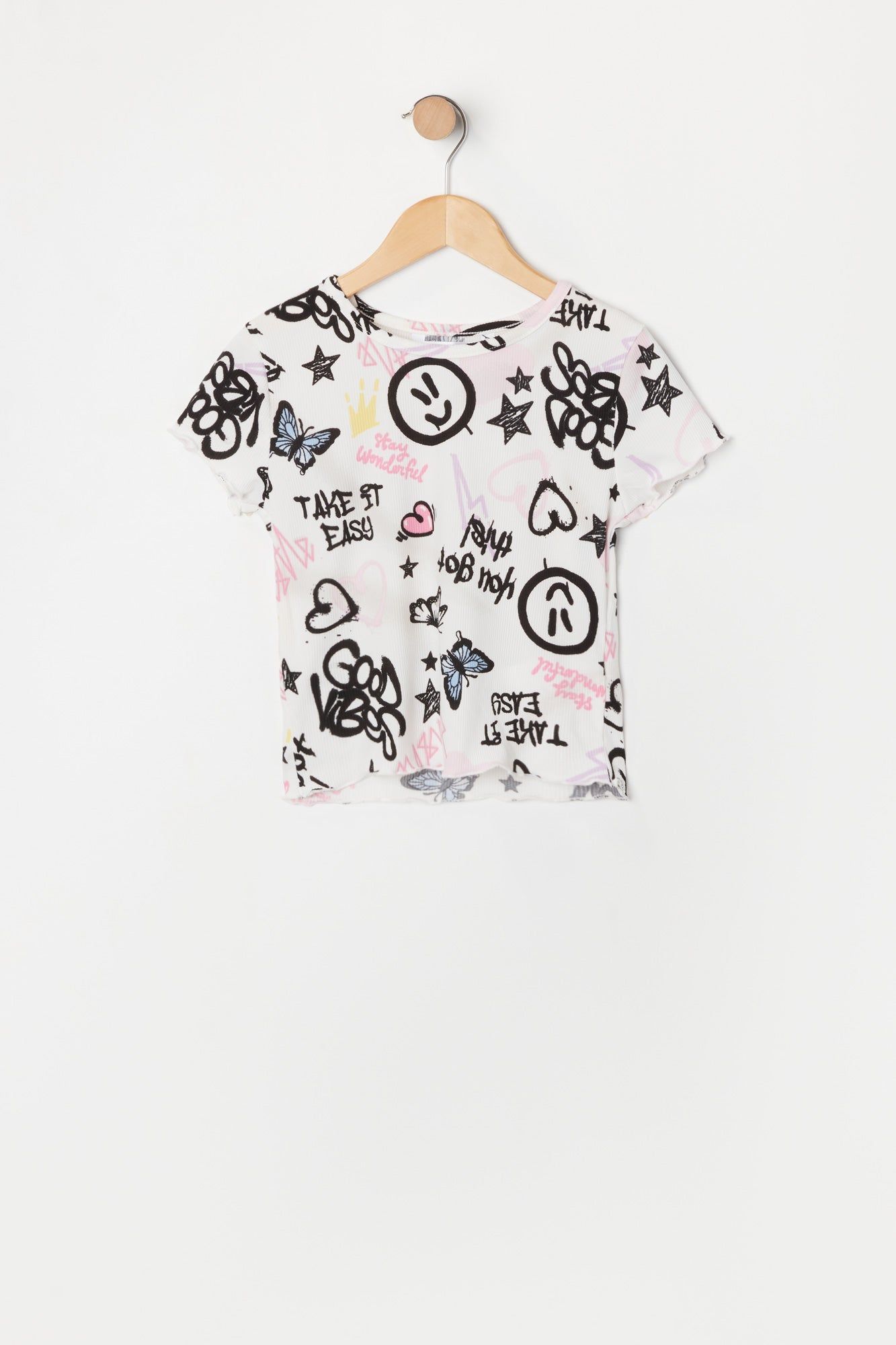 Girls Lettuce Trim Graffiti Print T-Shirt sold by Urban Planet