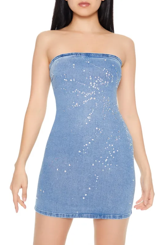 Minirobe sans bretelles en denim avec pierres du Rhin sold by Urban Planet