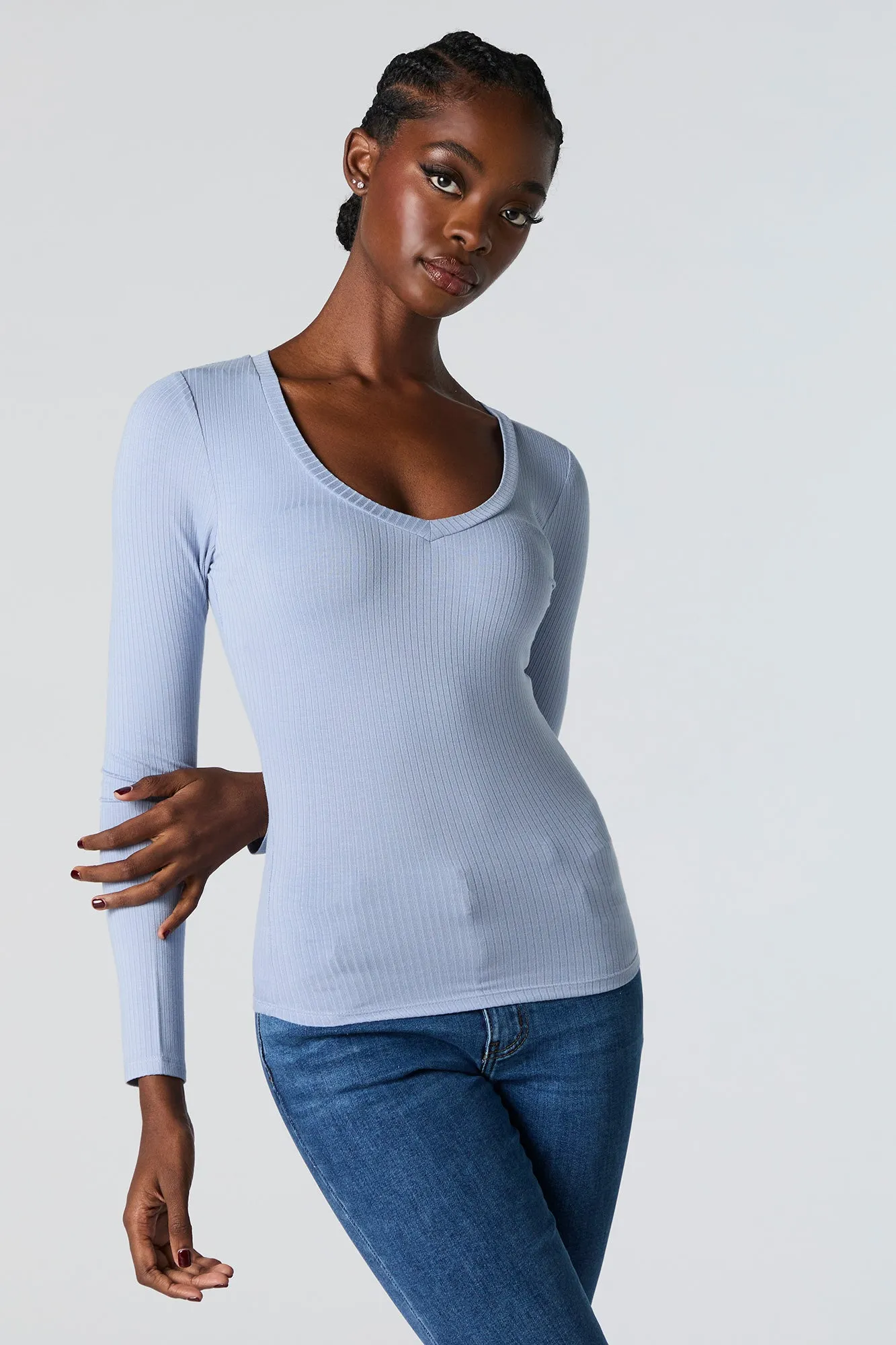 Haut côtelé à manches longues avec encolure en V sold by Urban Planet product image thumbnail 4