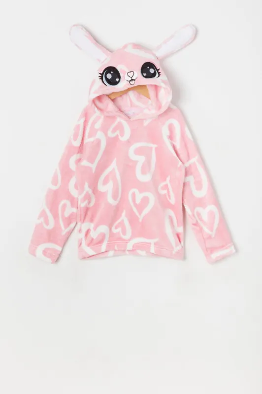 Girls Plush Heart Print Bunny Critter Hoodie sold by Urban Planet