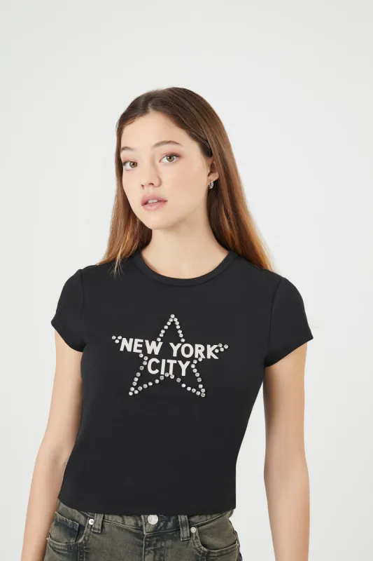 T-shirt ultracourt à imprimé New York City avec pierres du Rhin sold by Urban Planet