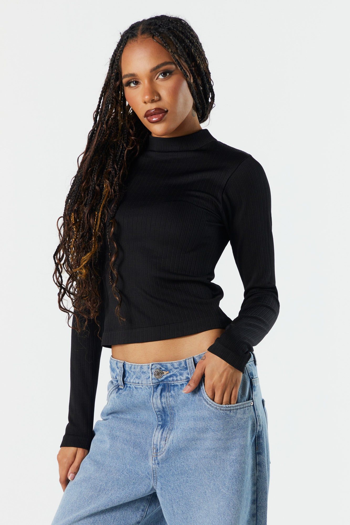Seamless Ribbed Mock Neck Long Sleeve Top sold by Urban Planet
