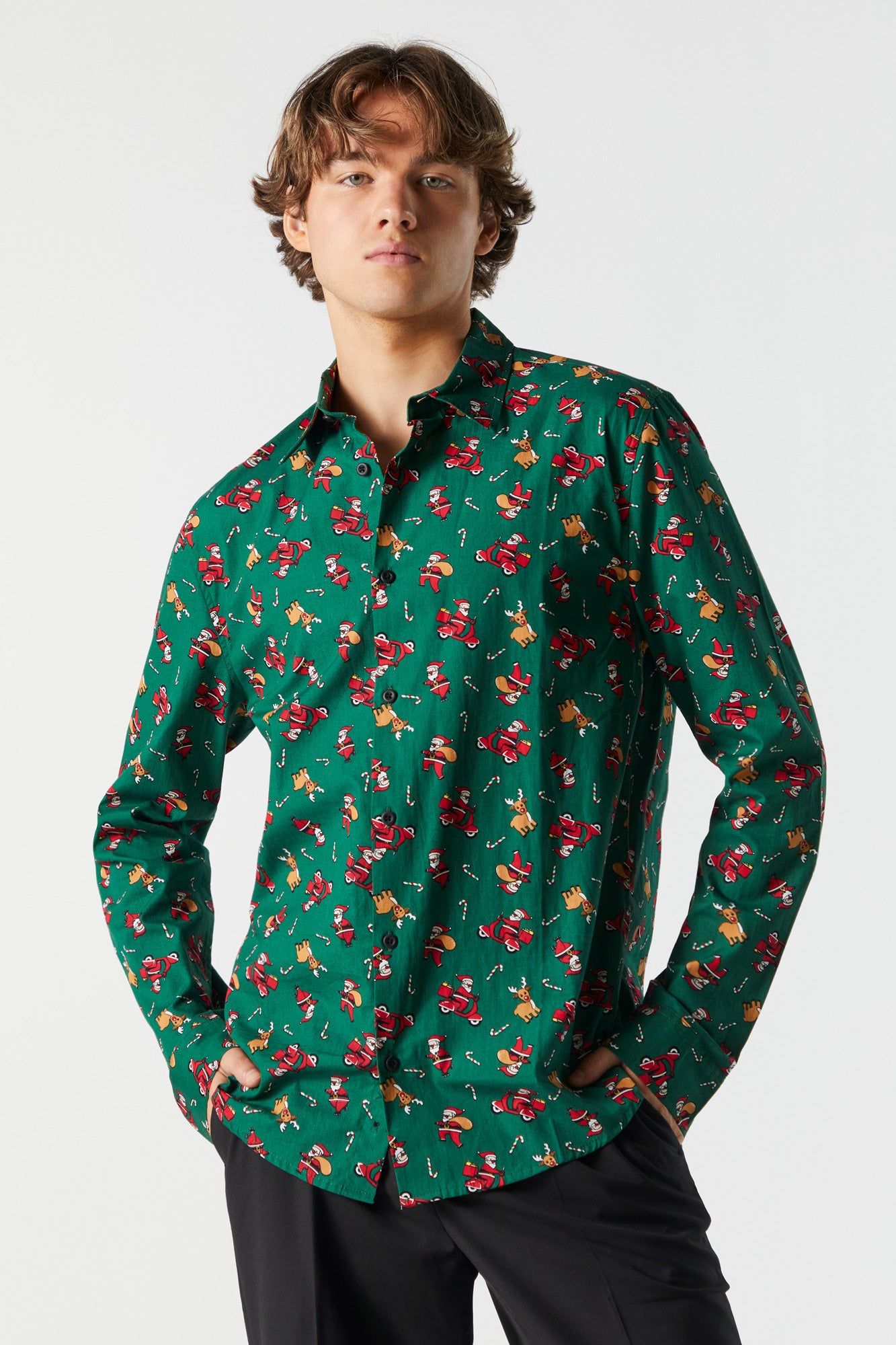 Santa Print Button-Up Top sold by Urban Planet