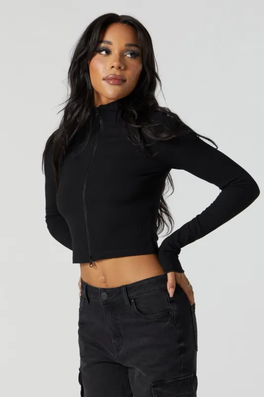 Ribbed Zip-Up Mock Neck Long Sleeve Top sold by Urban Planet