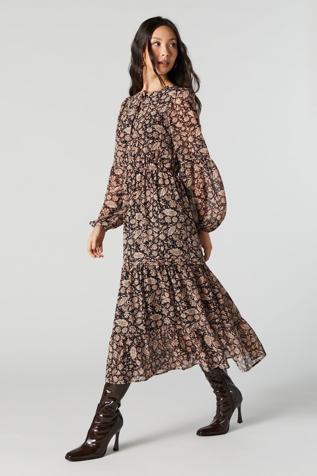 Floral Mesh Long Sleeve Tiered Maxi Dress sold by Urban Planet product image thumbnail 3