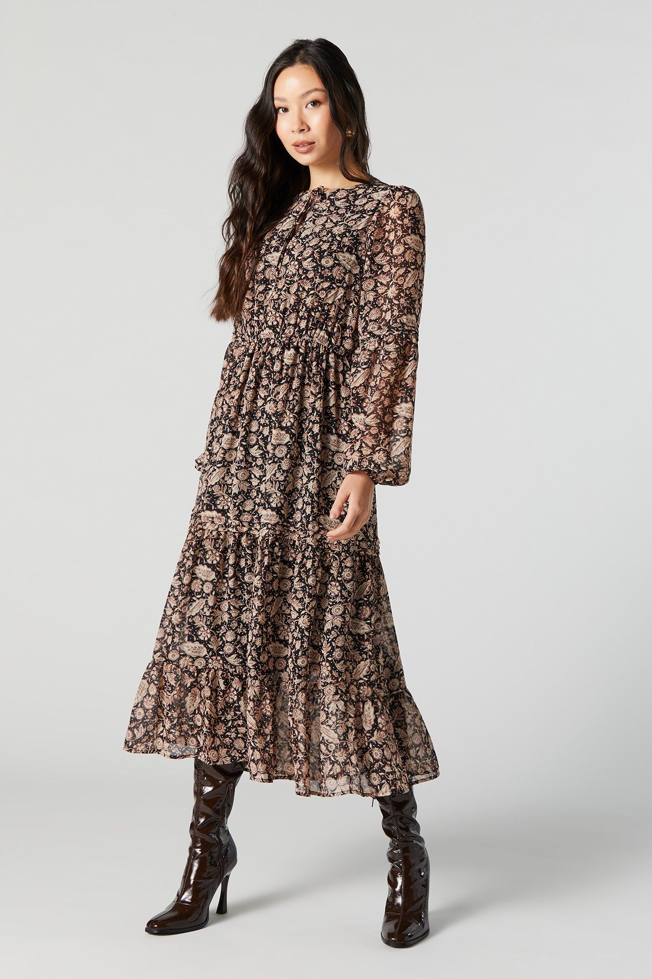 Floral Mesh Long Sleeve Tiered Maxi Dress sold by Urban Planet