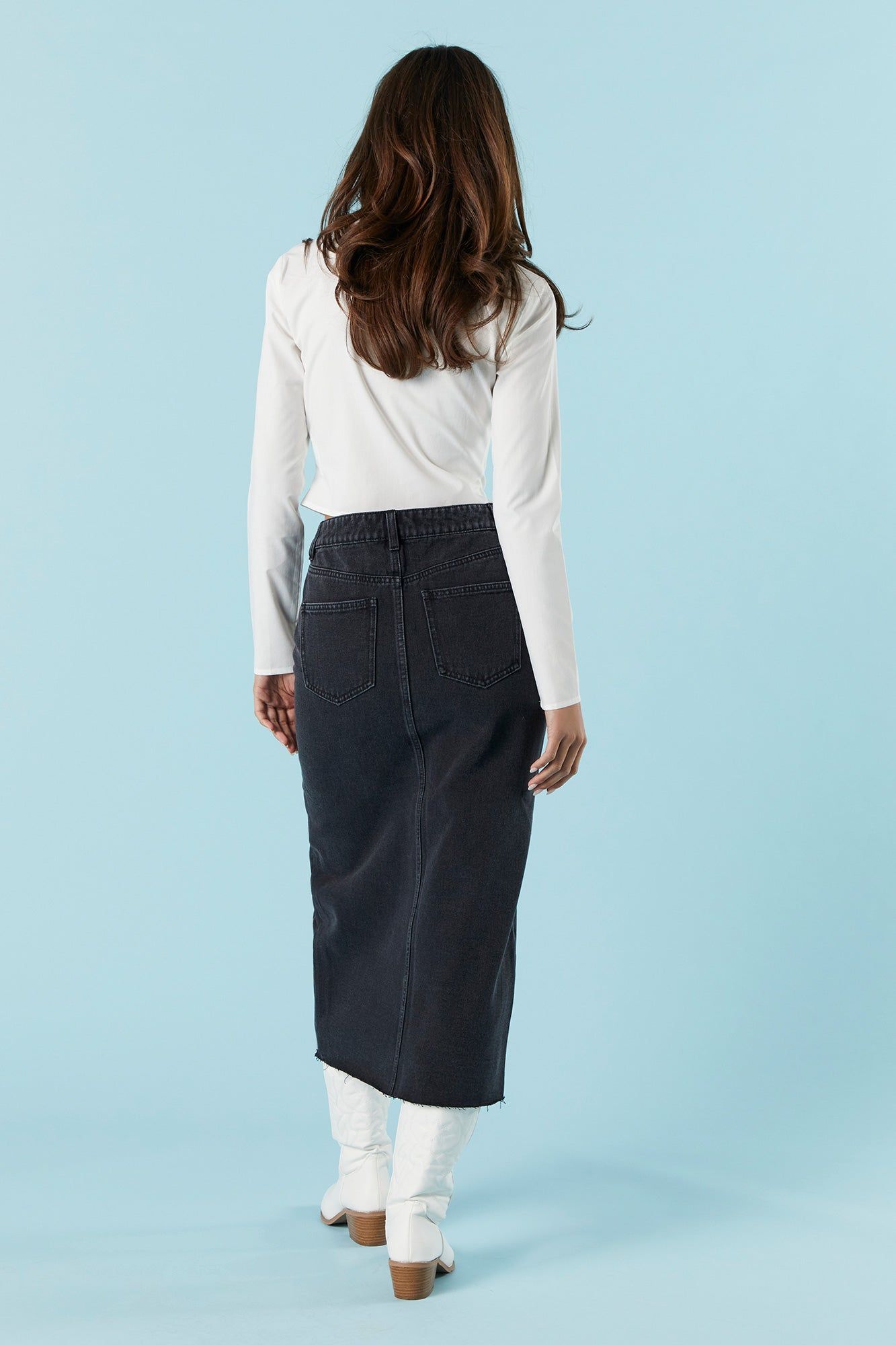 Black Wash Denim Front Slit Midi Skirt sold by Urban Planet product image thumbnail 3