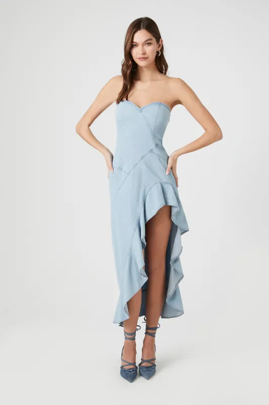 Denim Sweetheart Asymmetrical Midi Dress sold by Urban Planet
