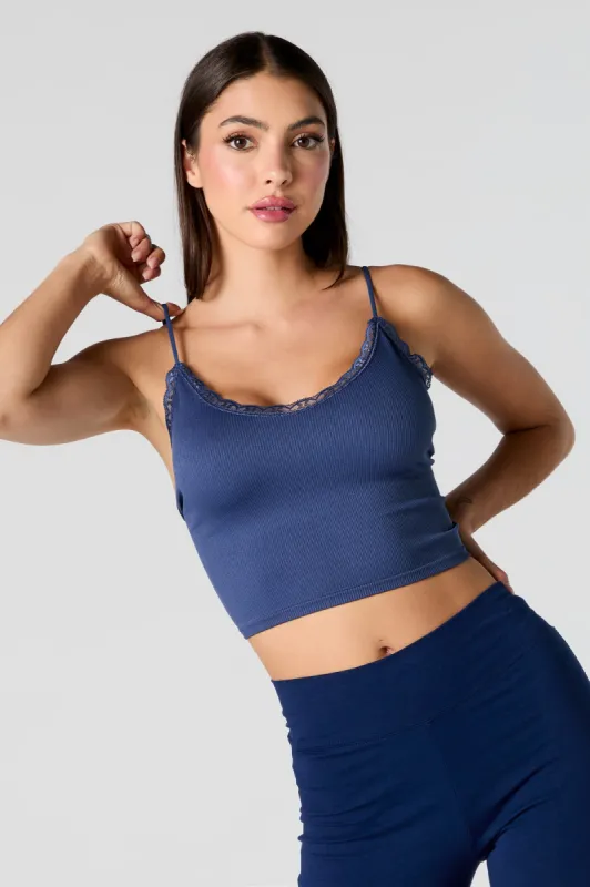 Camisole côtelée courte sans couture avec liséré de dentelle sold by Urban Planet