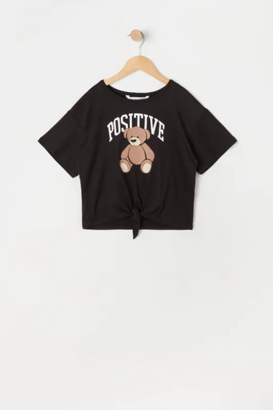 Girls Front Tie Positive Bear Graphic T-Shirt made by Urban Planet