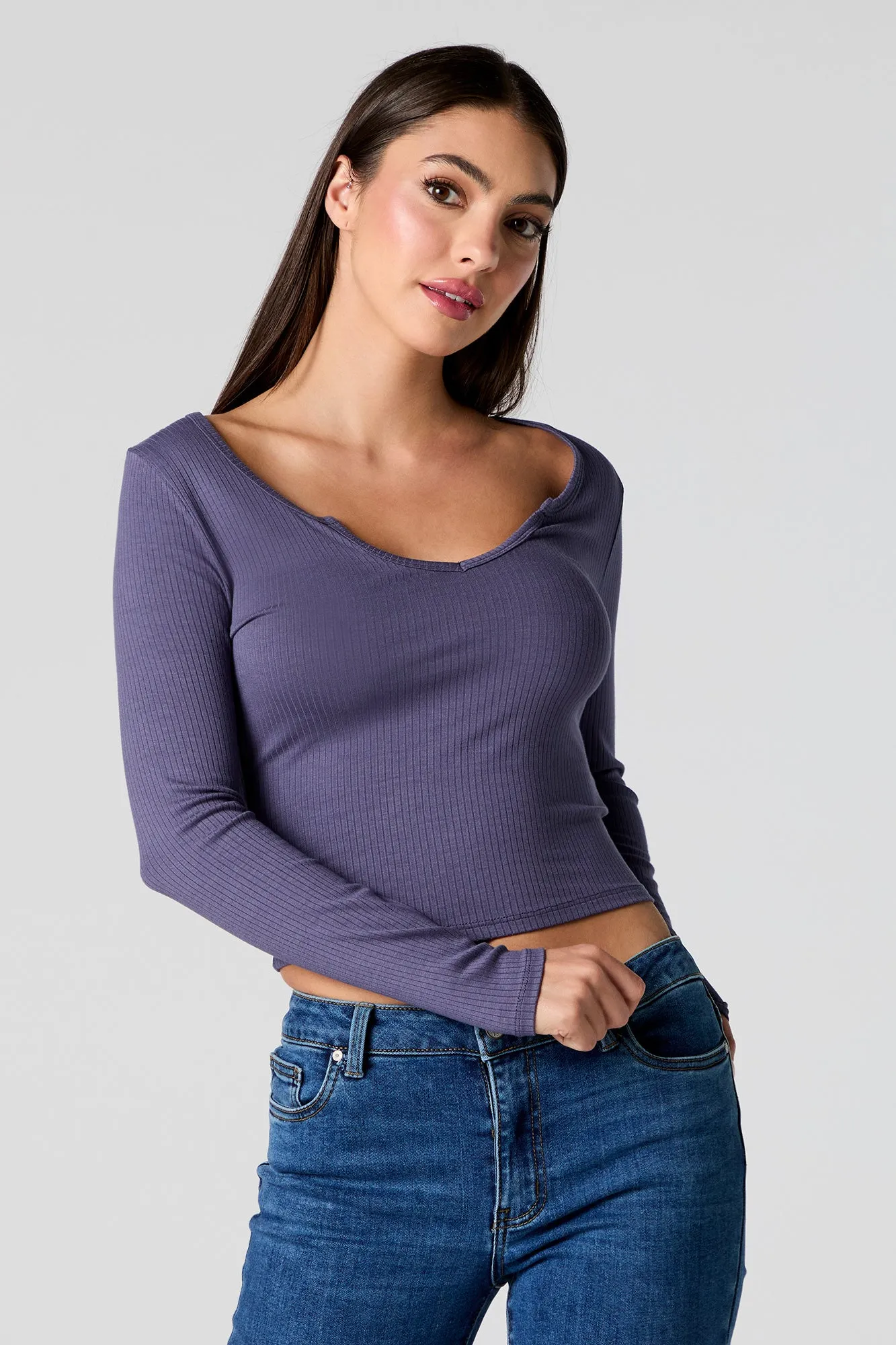 Ribbed Wide Notched Long Sleeve Top sold by Urban Planet