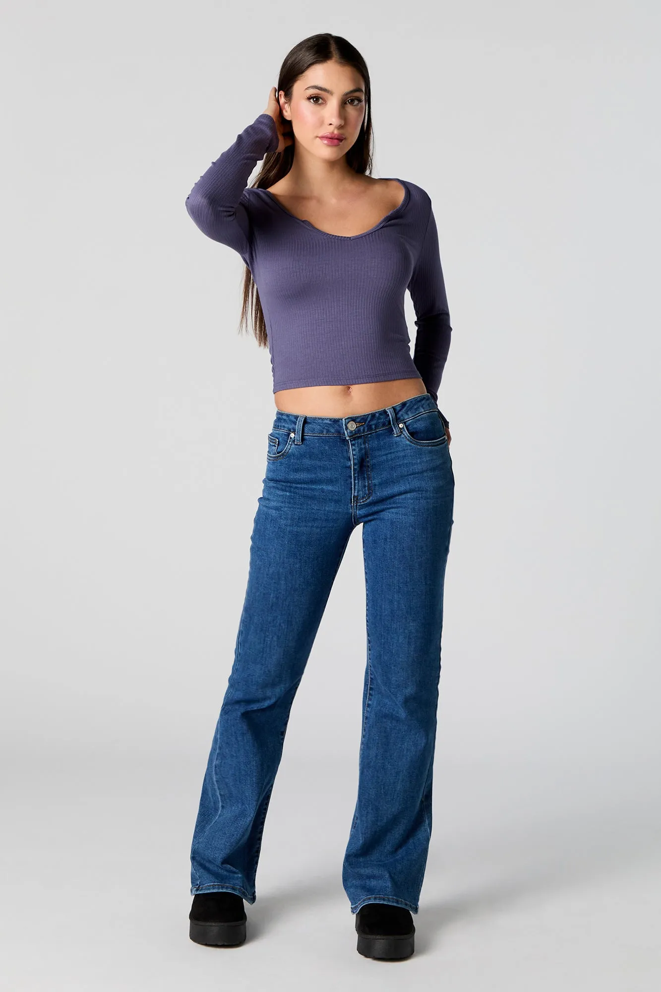 Ribbed Wide Notched Long Sleeve Top sold by Urban Planet product image thumbnail 3