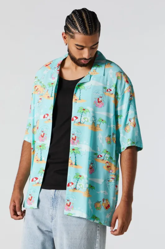 Tropical Santa Print Button-Up Top sold by Urban Planet
