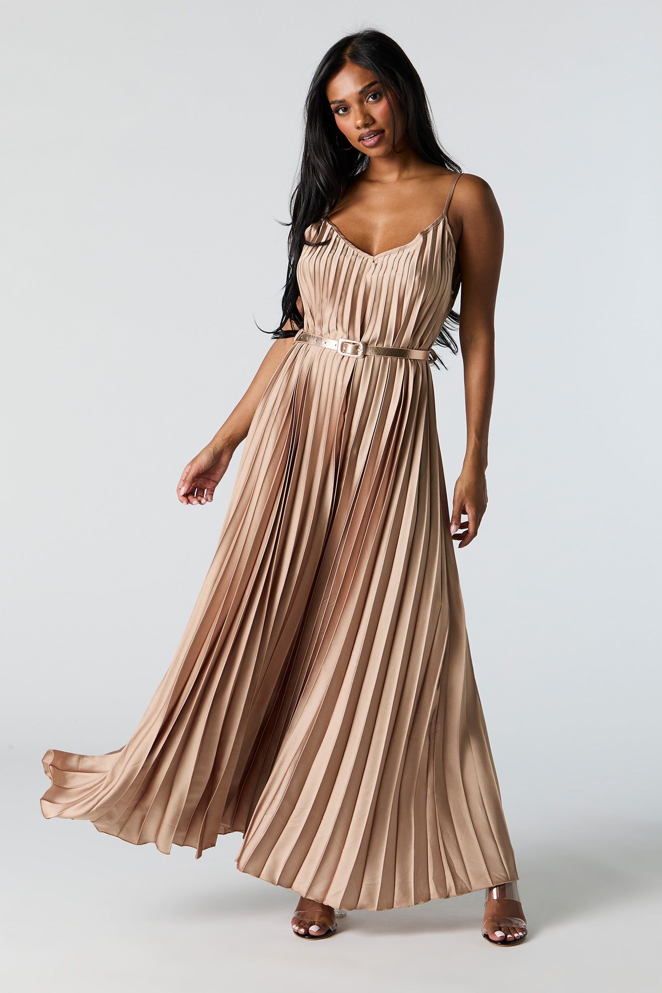 Satin Pleated Belted Maxi Dress sold by Urban Planet