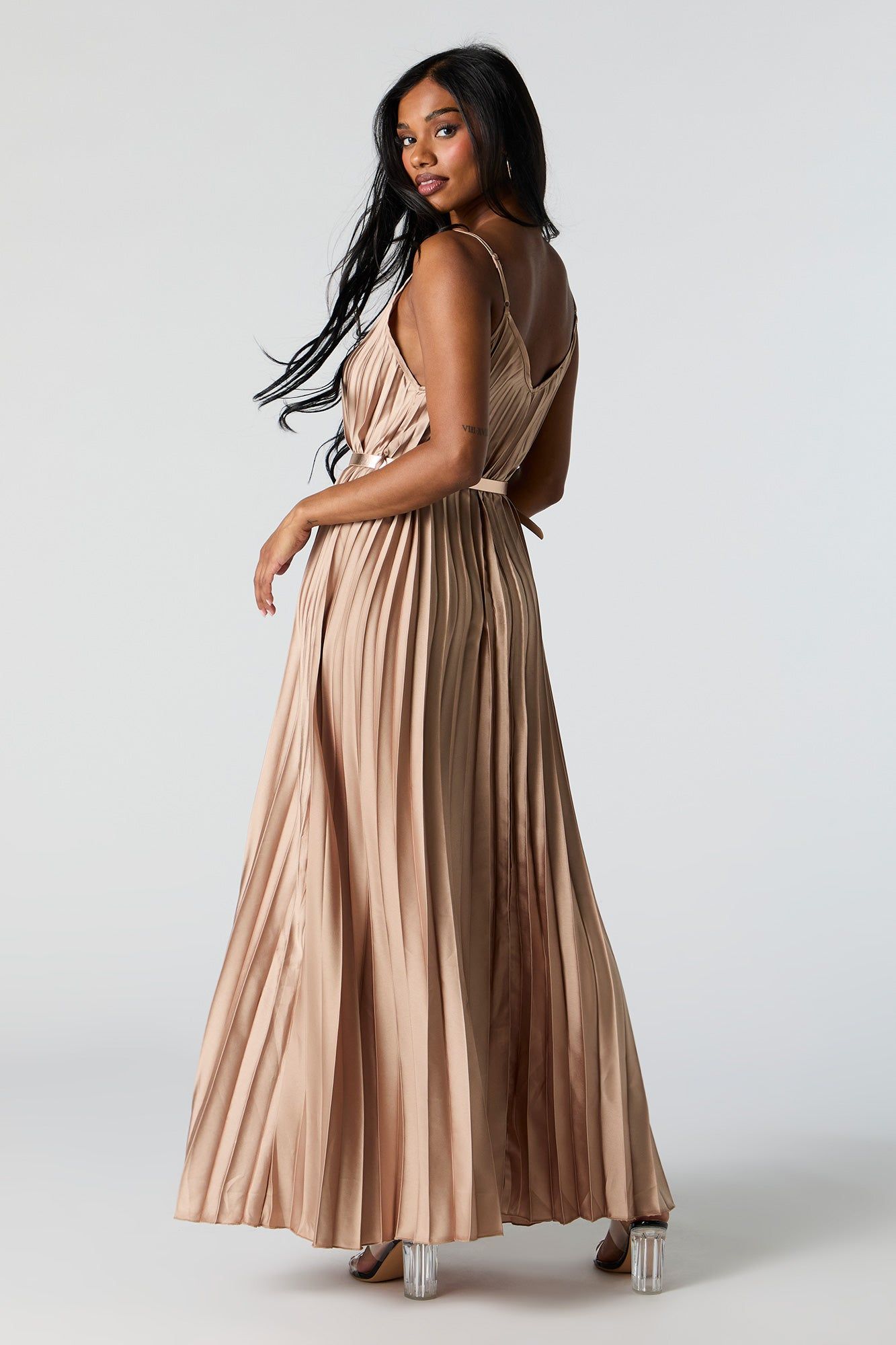 Satin Pleated Belted Maxi Dress sold by Urban Planet product image thumbnail 3