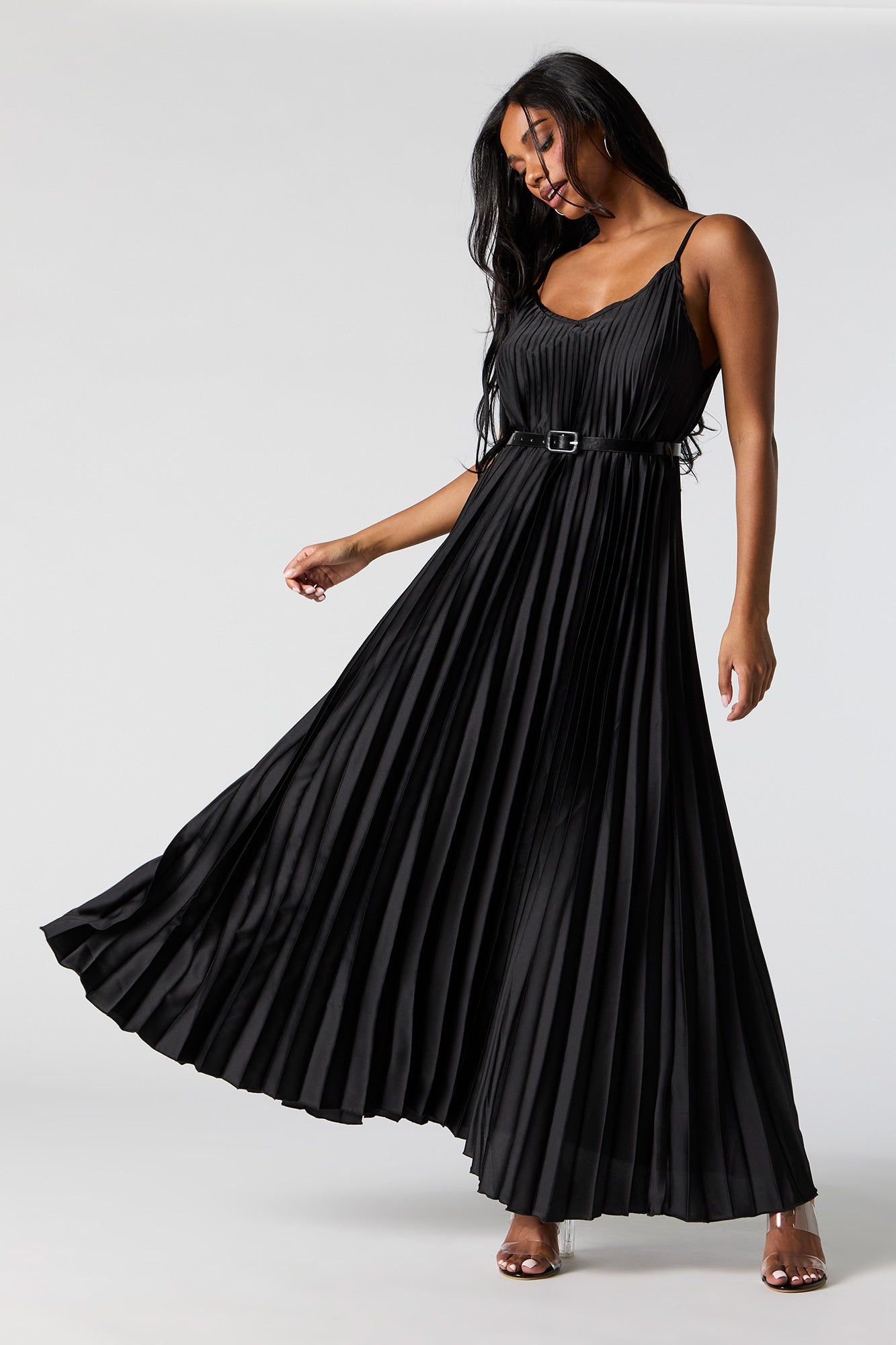 Satin Pleated Belted Maxi Dress sold by Urban Planet product image thumbnail 4