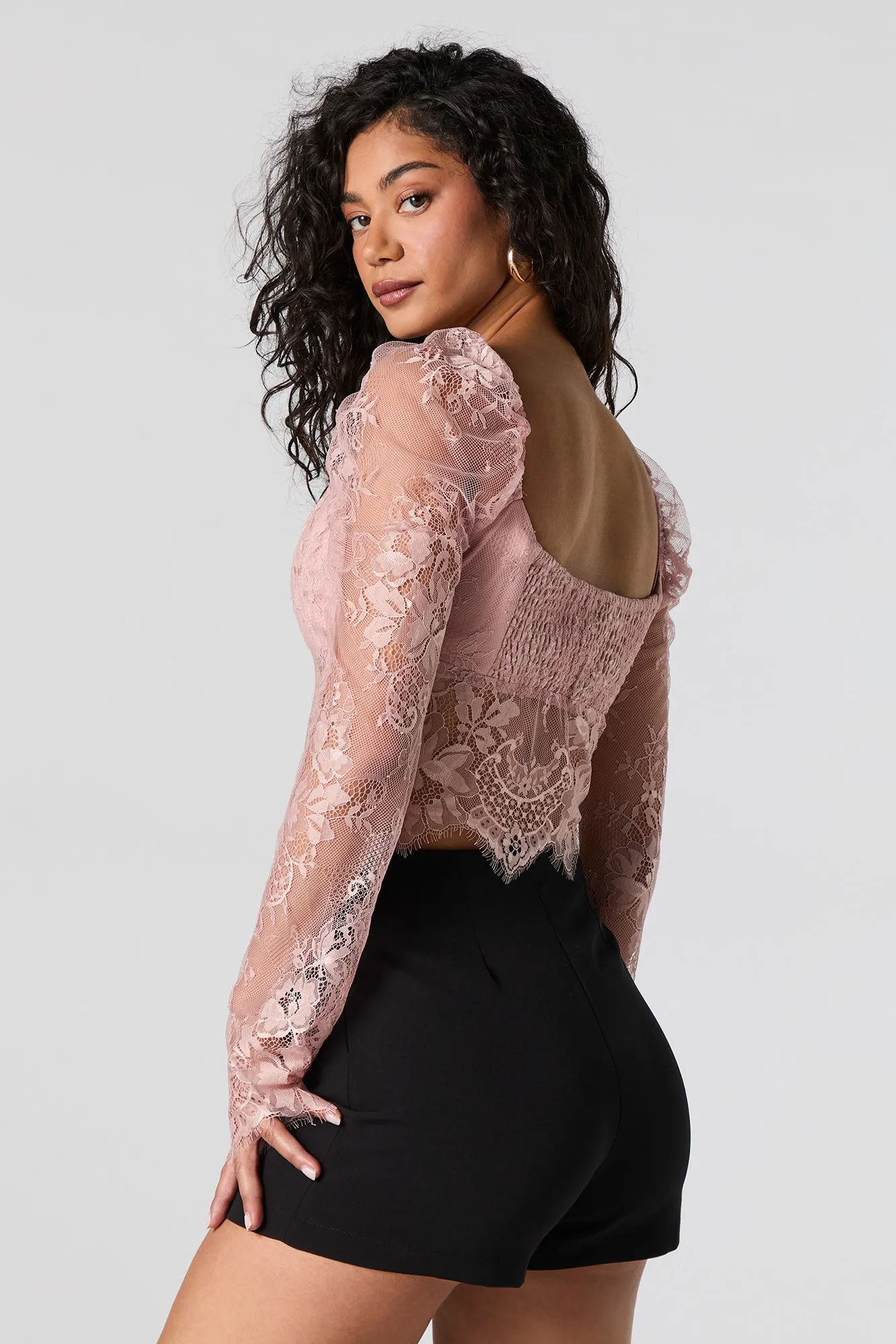 Floral Lace Sweetheart Long Sleeve Crop Top sold by Urban Planet product image thumbnail 2