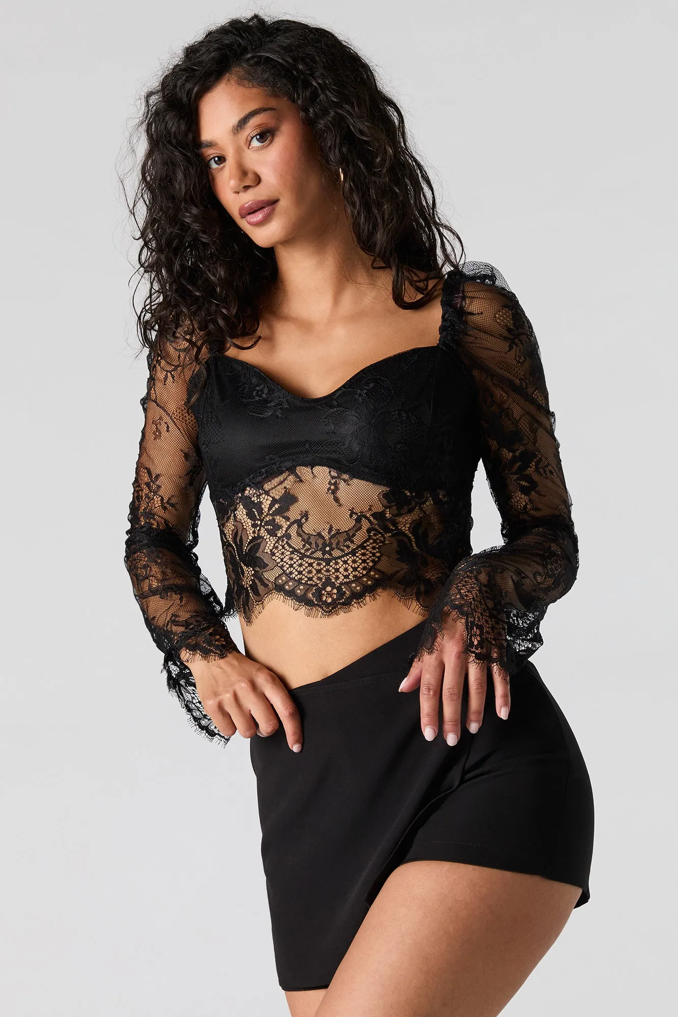 Floral Lace Sweetheart Long Sleeve Crop Top sold by Urban Planet product image thumbnail 4