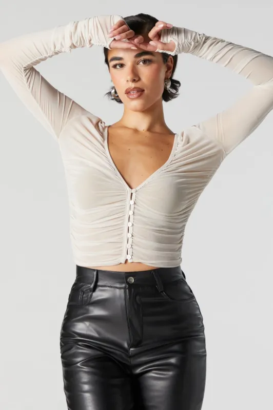 Ruched Mesh Button-Up Long Sleeve Top sold by Urban Planet