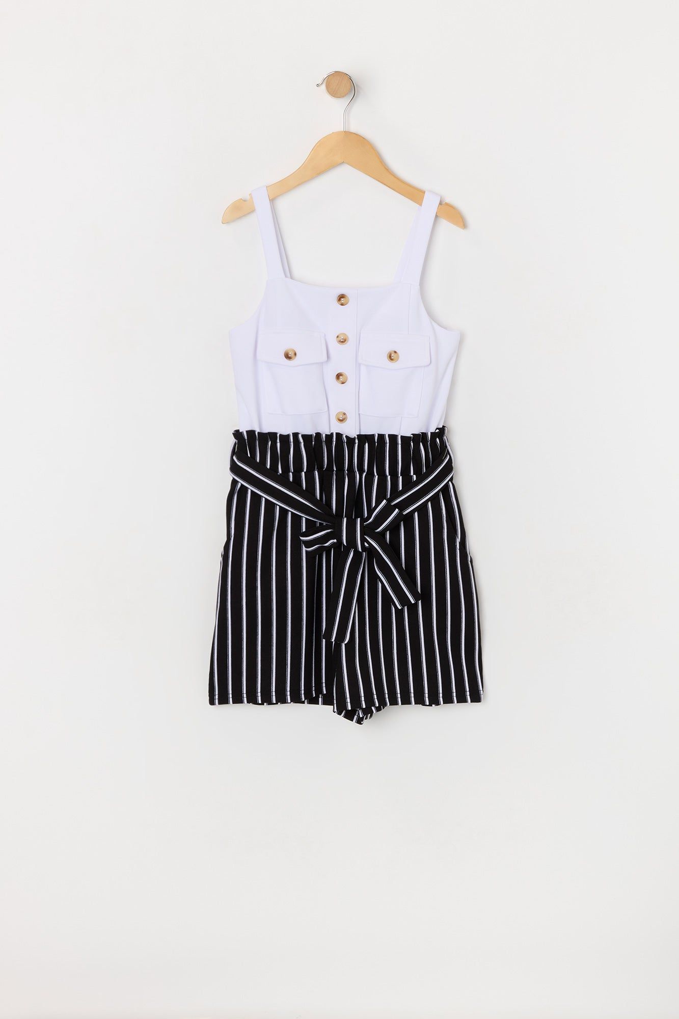 Girls Pinstriped Belted Romper sold by Urban Planet