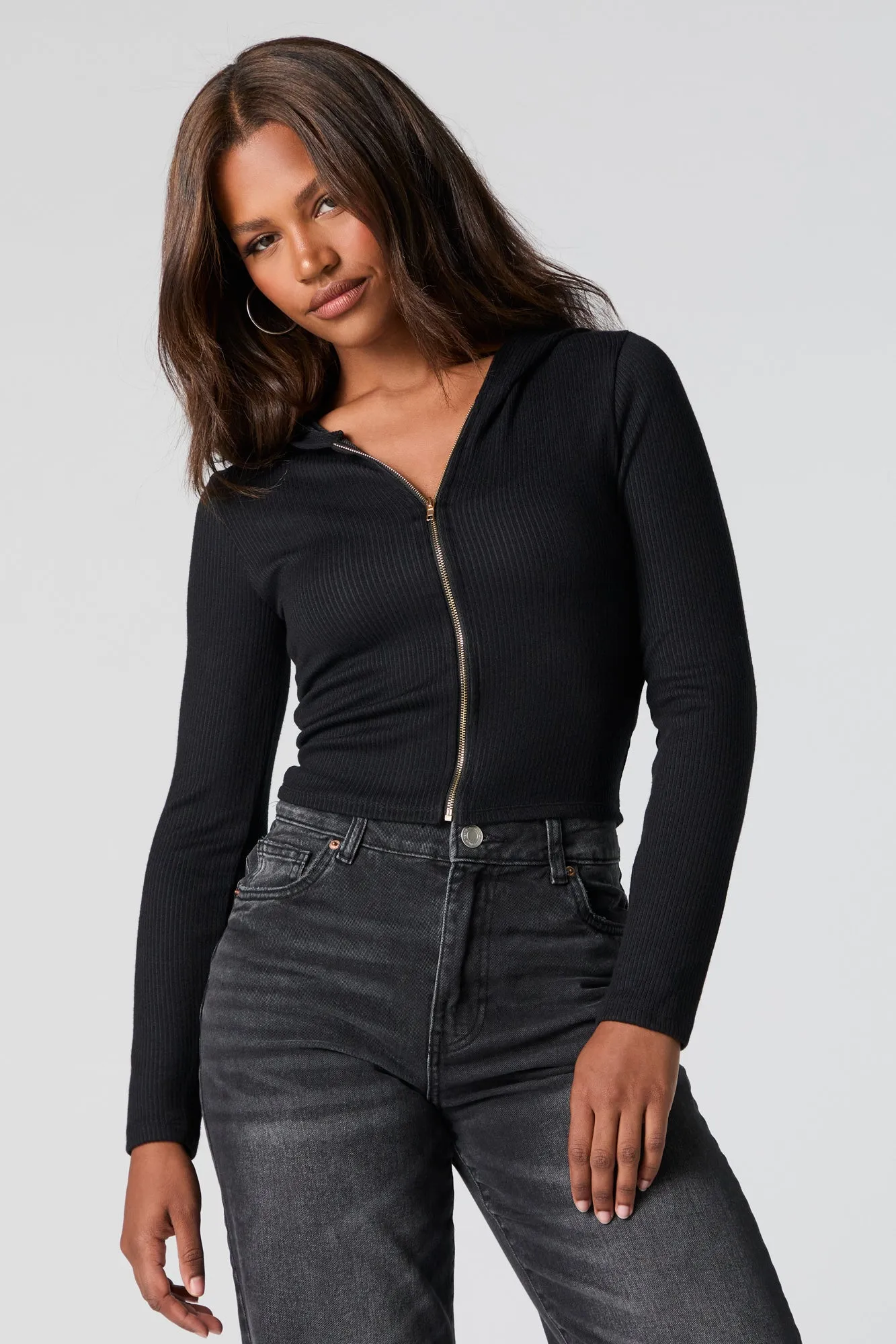 Haut côtelé court à capuchon avec fermeture à glissière sold by Urban Planet product image thumbnail 4