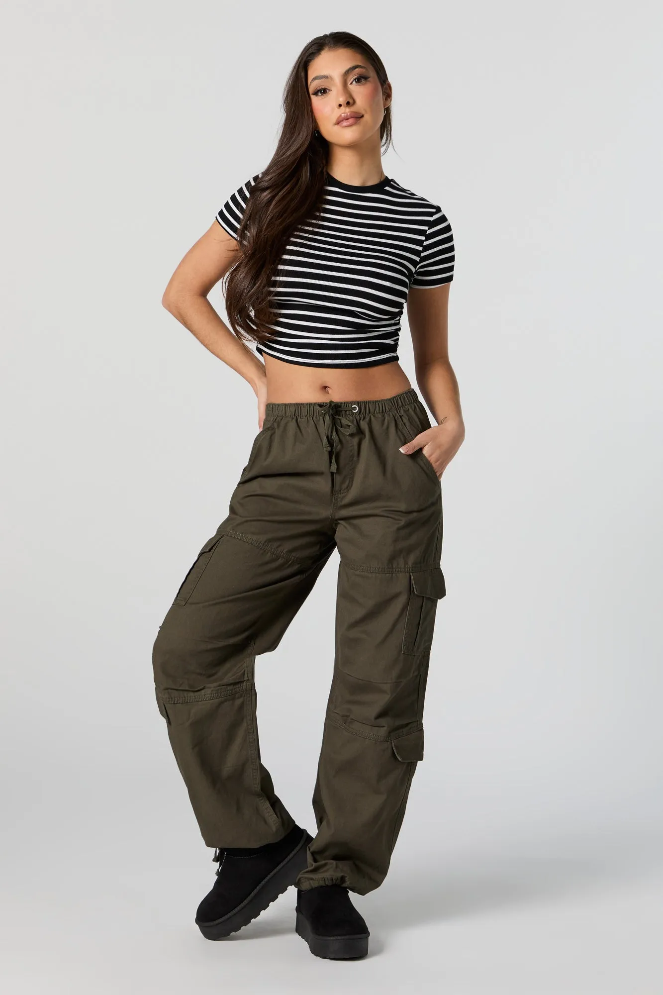 Striped Ribbed Side Cinched Cropped T-Shirt sold by Urban Planet product image thumbnail 3