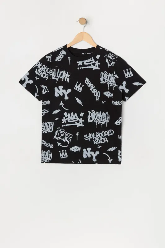 Boys Black Graffiti Print T-Shirt sold by Urban Planet