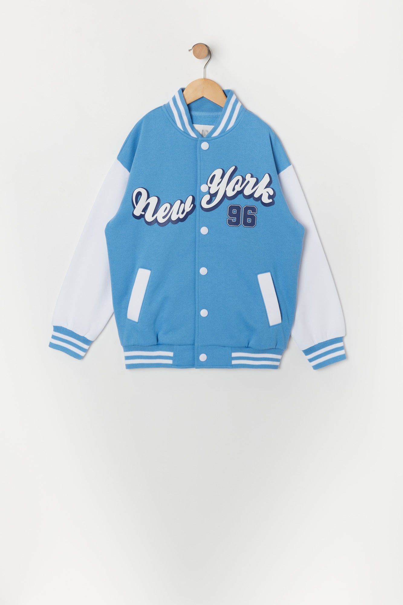 Girls New York Graphic Fleece Varsity Jacket sold by Urban Planet