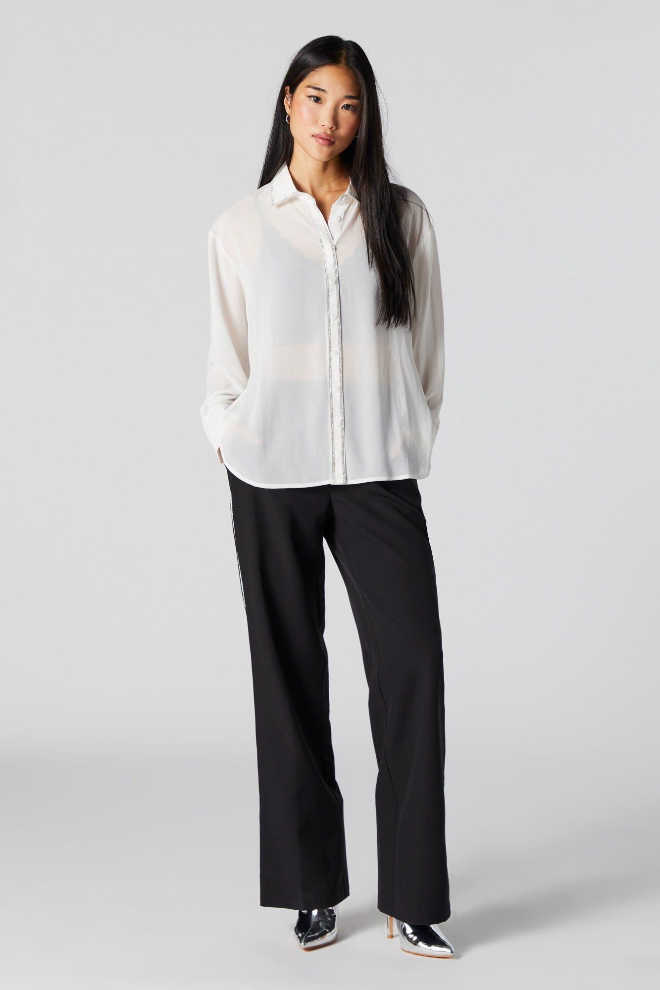 Rhinestone Trim Mesh Button-Up Top sold by Urban Planet product image thumbnail 4