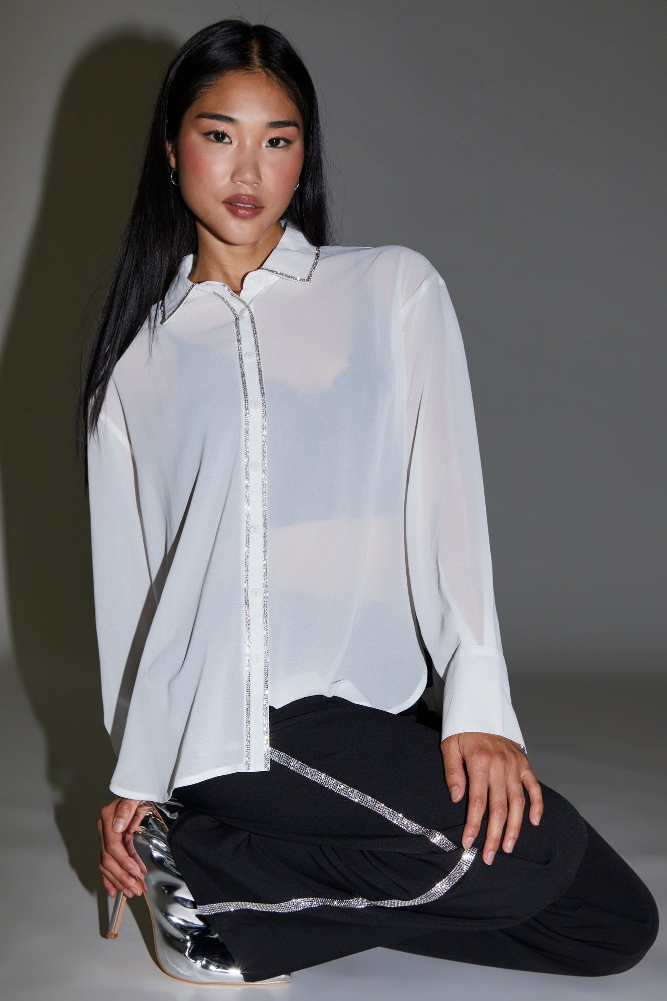 Rhinestone Trim Mesh Button-Up Top sold by Urban Planet