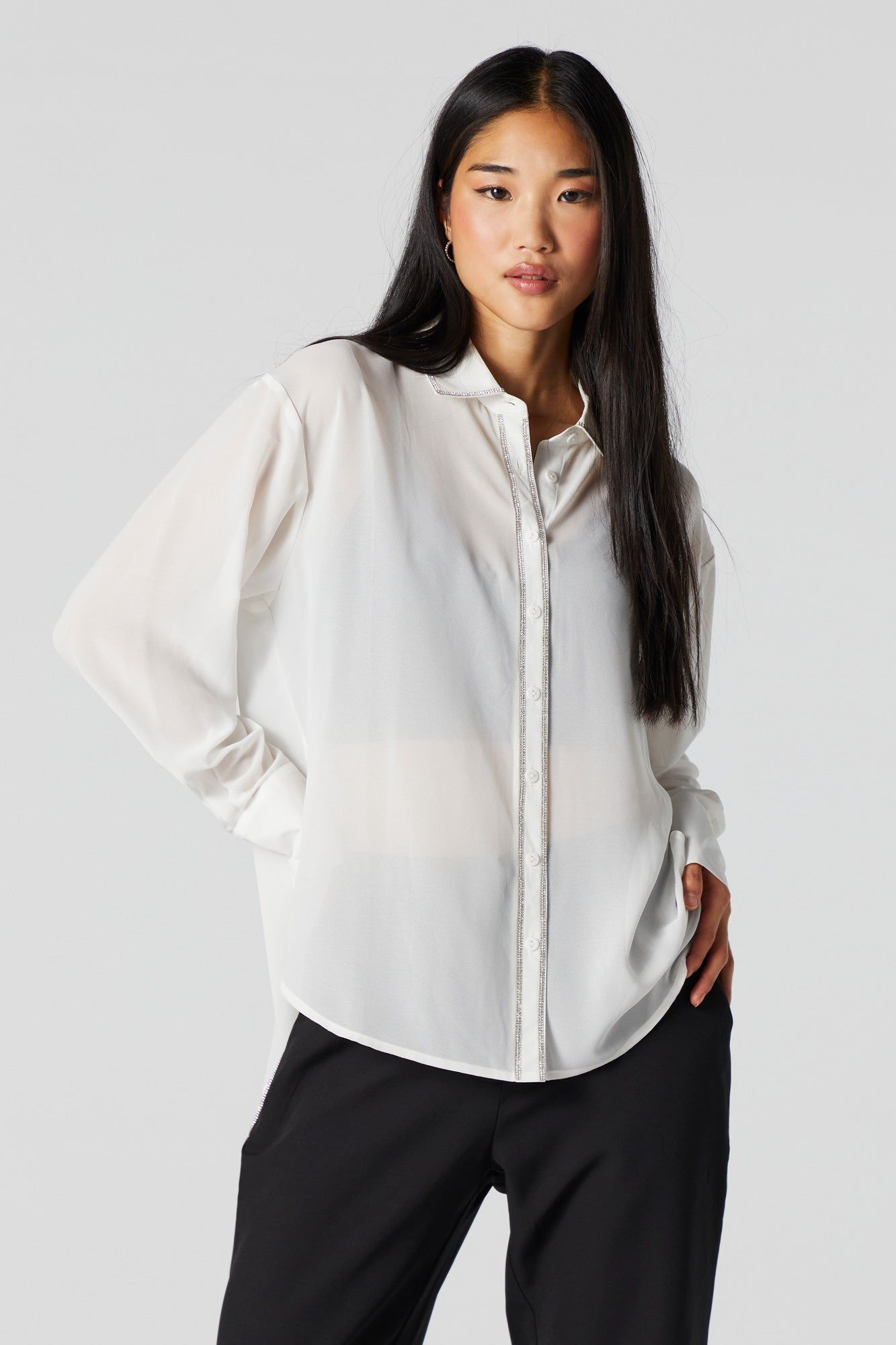 Rhinestone Trim Mesh Button-Up Top sold by Urban Planet product image thumbnail 2