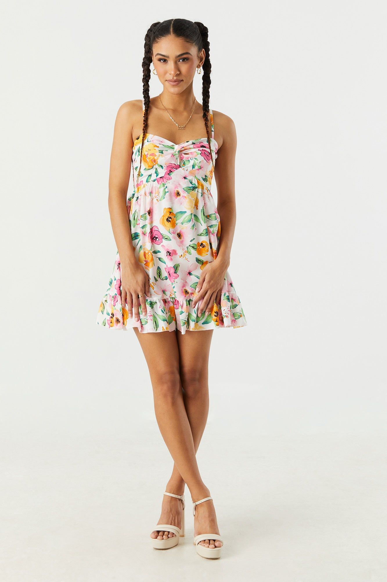 White Floral Front Twist Babydoll Dress sold by Urban Planet product image thumbnail 3