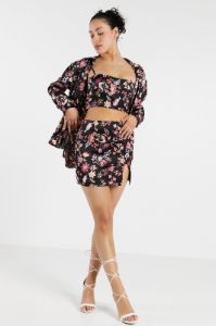 Black Floral Print Satin Slit Mini Skirt sold by Urban Planet