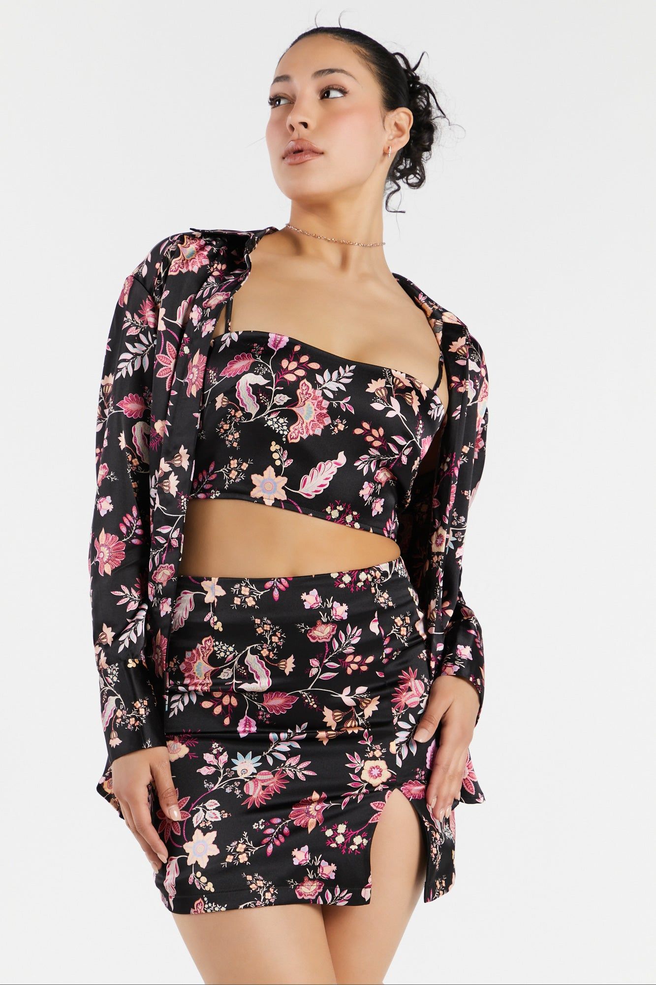 Black Floral Print Satin Slit Mini Skirt sold by Urban Planet