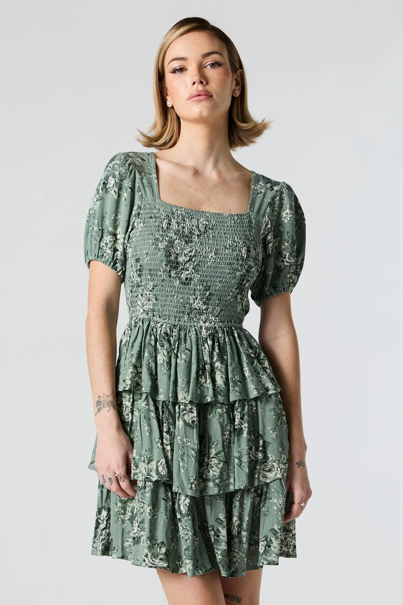 Sage Floral Smocked Tiered Mini Dress sold by Urban Planet