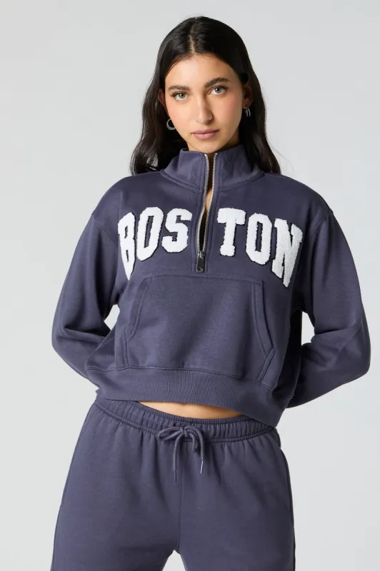 Boston Chenille Embroidered Half Zip Fleece Sweatshirt sold by Urban Planet