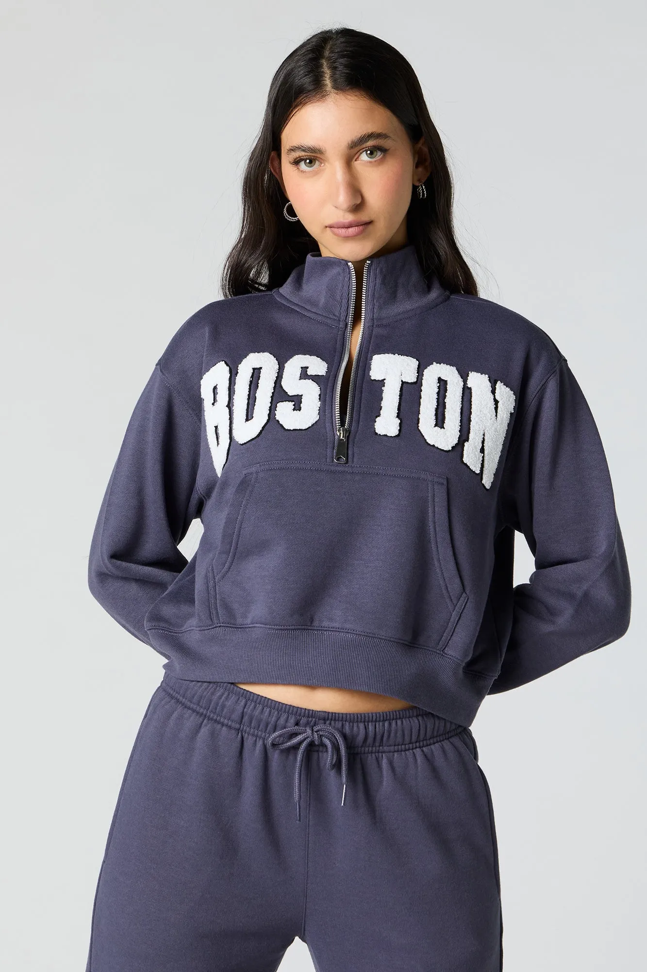 Boston Chenille Embroidered Half Zip Fleece Sweatshirt sold by Urban Planet