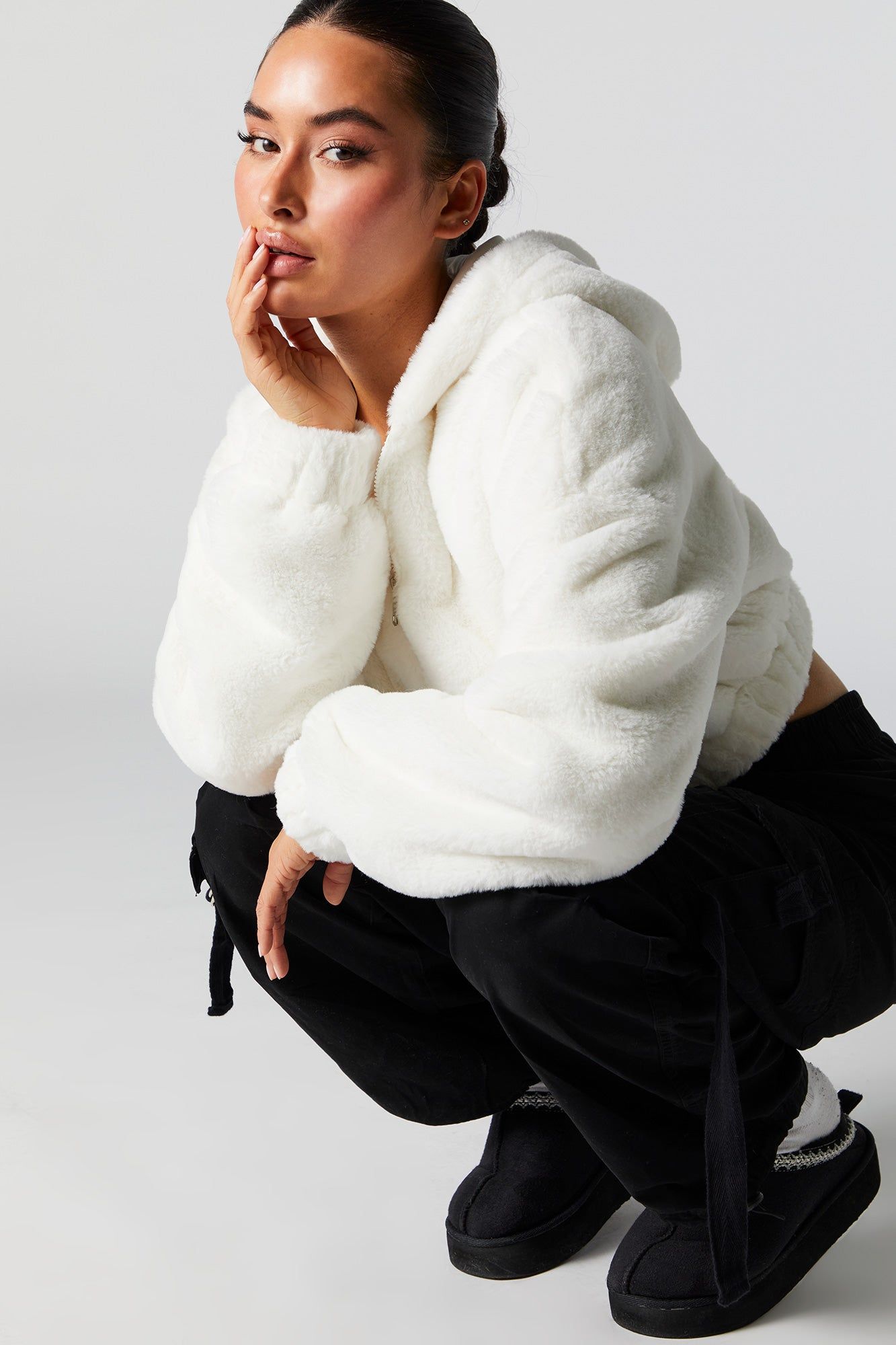 Plush Cropped Bomber Jacket sold by Urban Planet