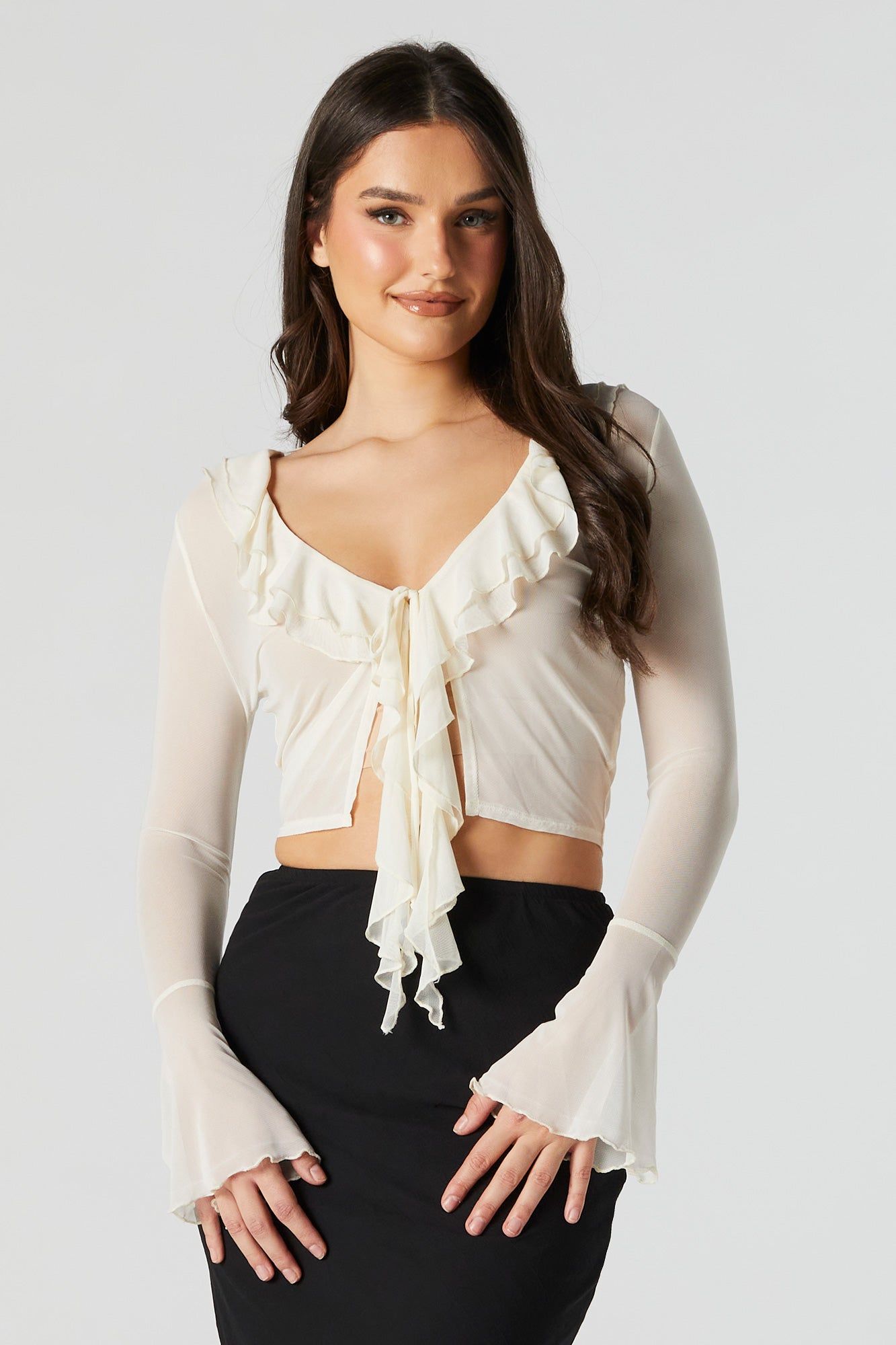 Mesh Tie Front Ruffled Cardigan sold by Urban Planet product image thumbnail 4