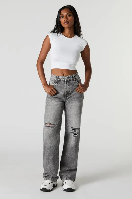 90's Washed High Rise Wide Leg Distressed Jean sold by Urban Planet